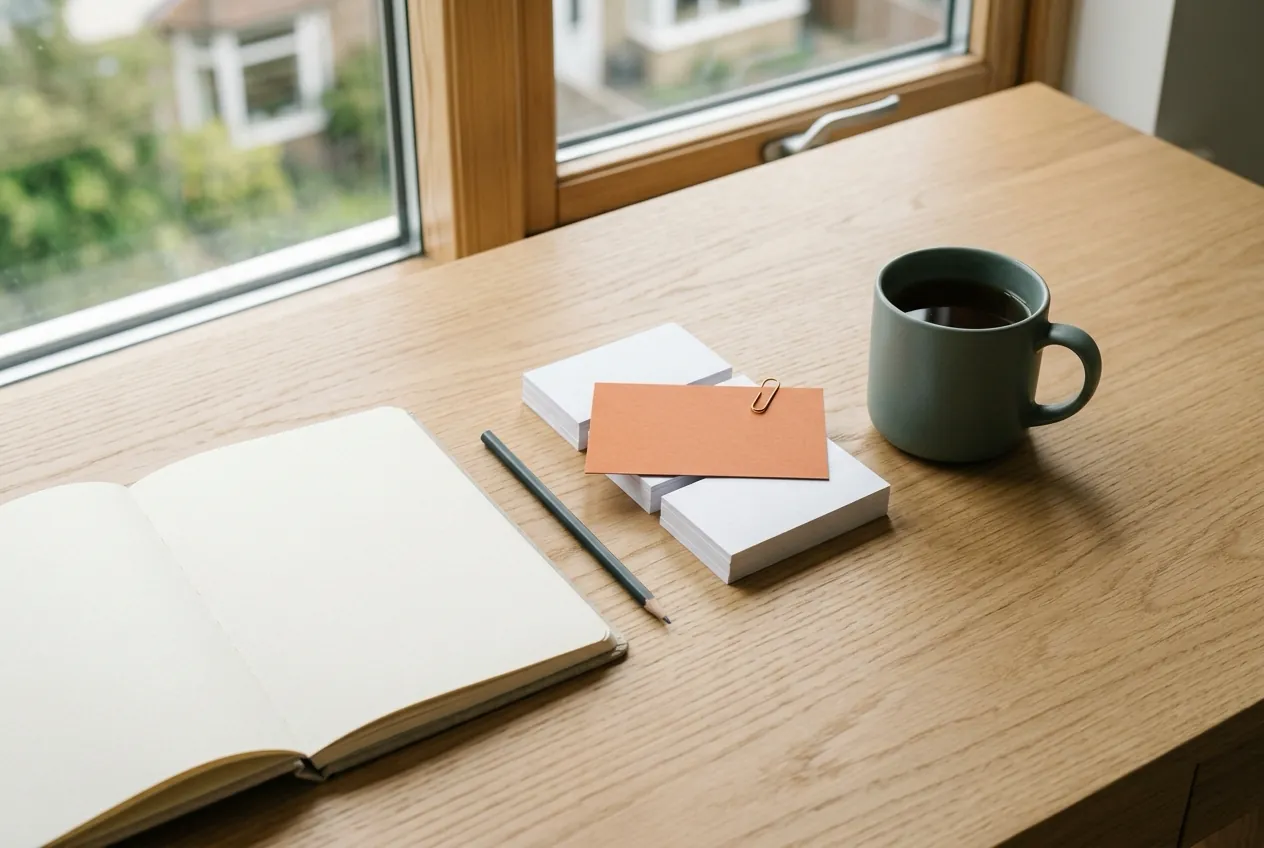 A cleared desk with a few index cards sorted into three short stacks beside an open notebook