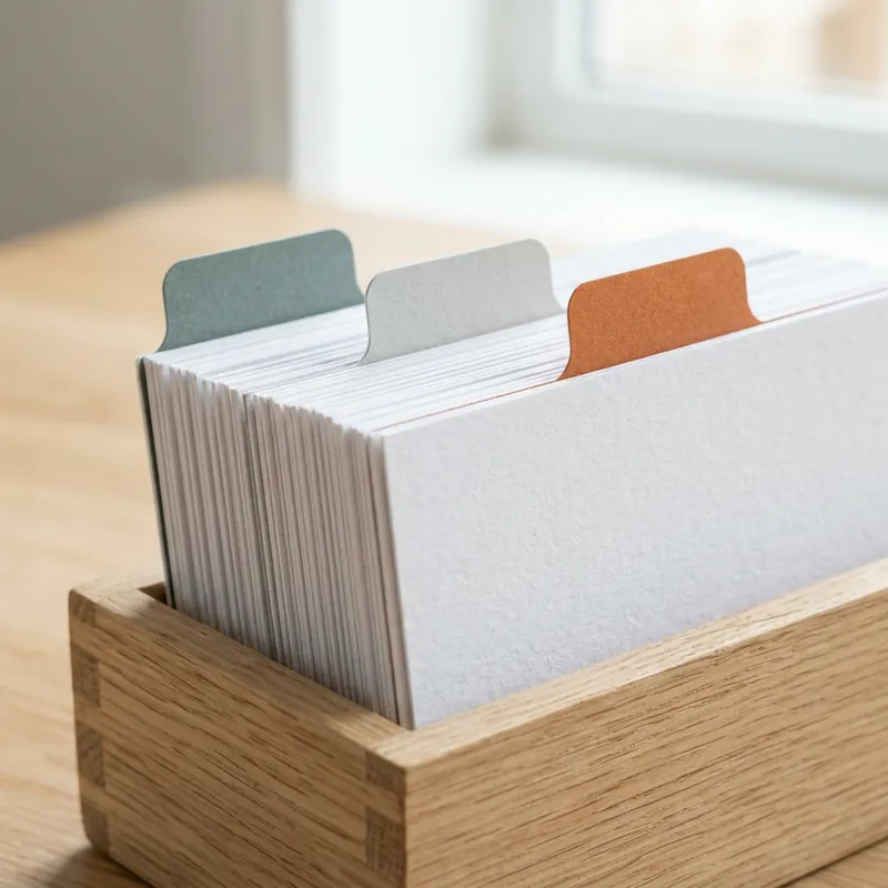 Close view of index cards separated by three plain tab dividers