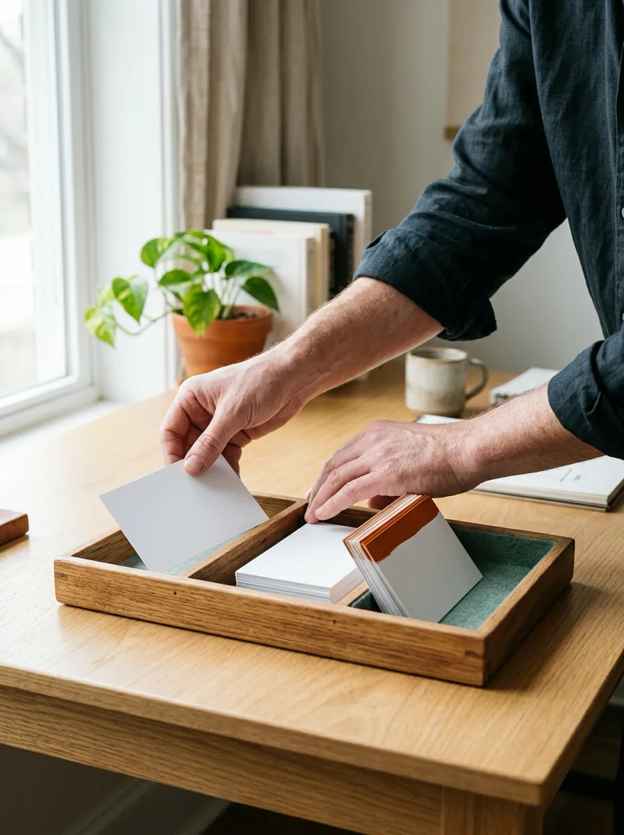 Hands placing a written card into a small wooden tray on a bright work table